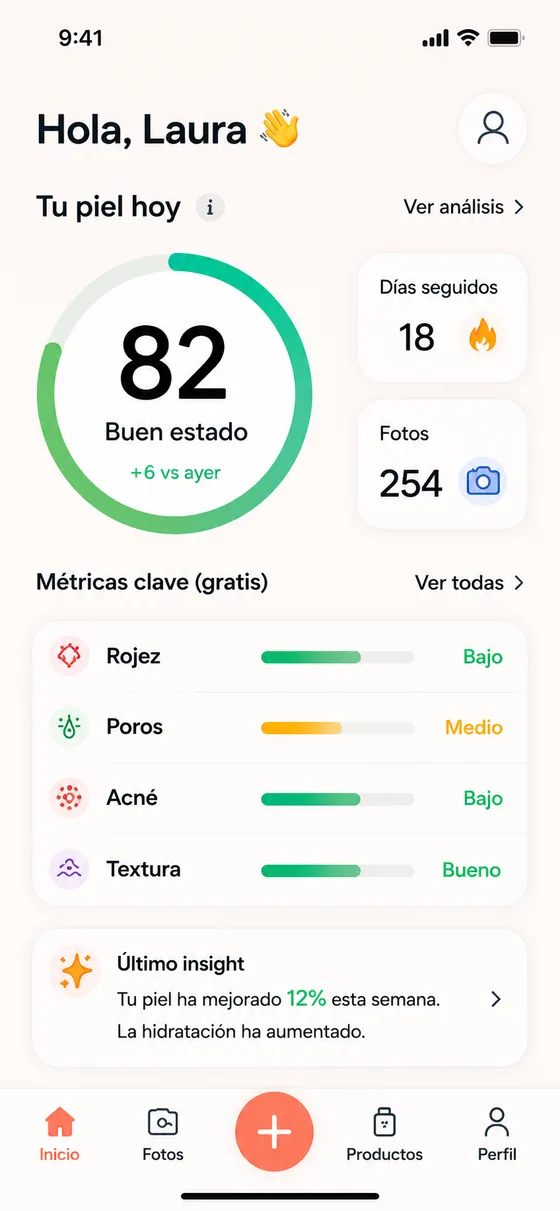 Pantalla de inicio con resumen del estado de la piel