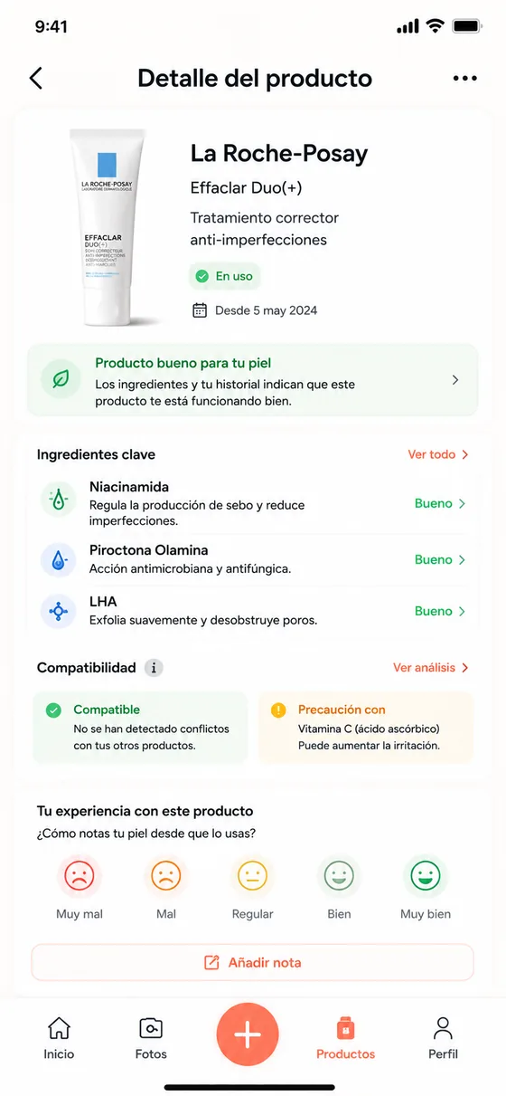 Detalle de un producto con ingredientes y compatibilidad