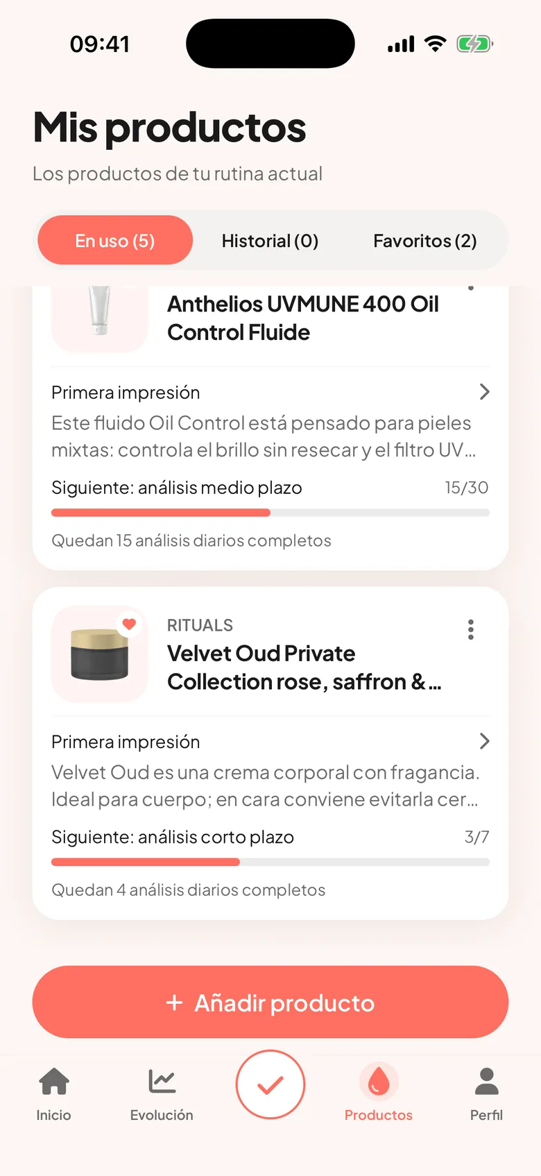 Listado de productos de skincare en uso